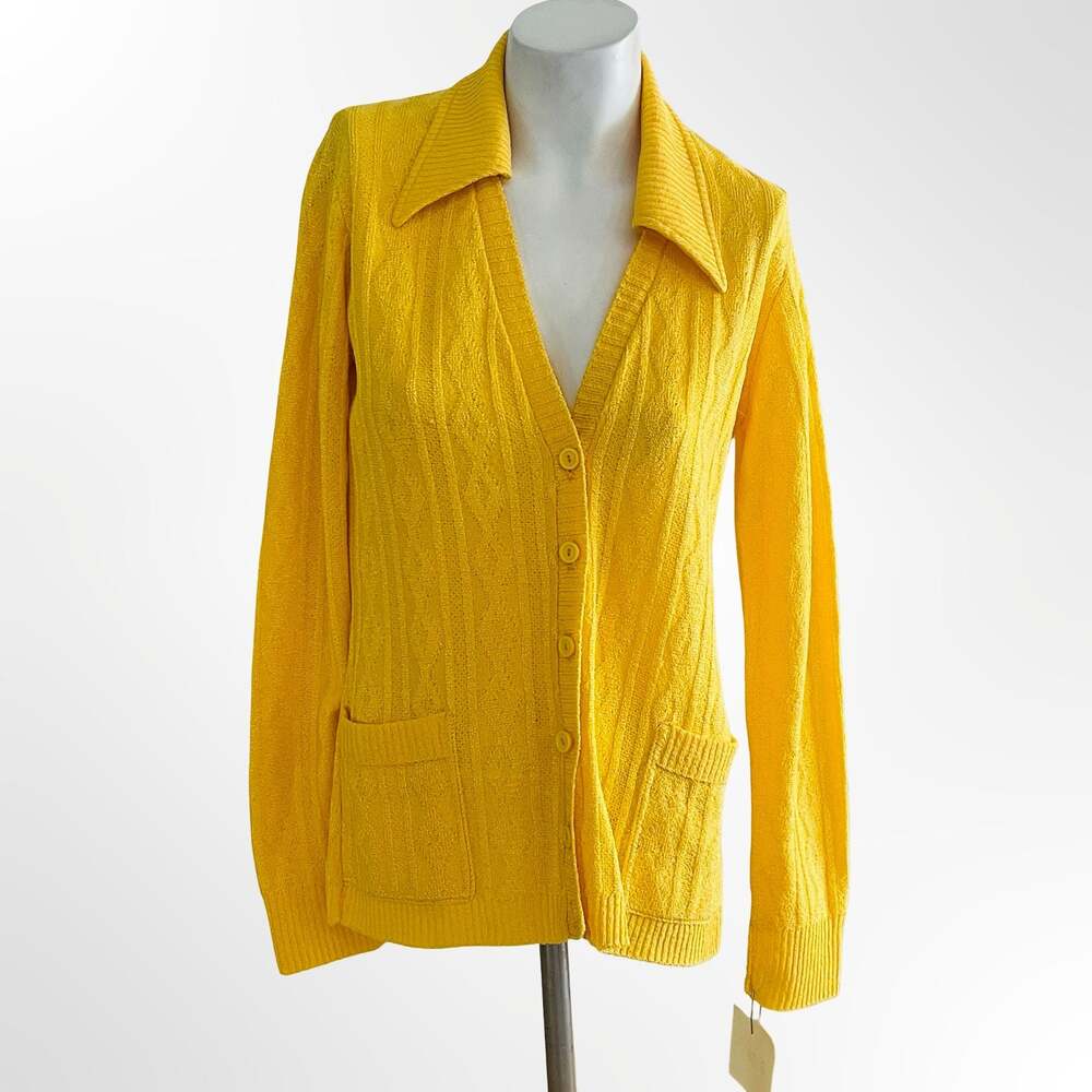 Vintage Yellow Cable Knit Button Cardigan Sweater with Pockets - Picture 2 of 7